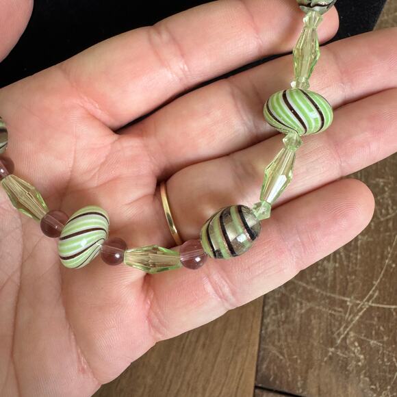 Artisan Handmade Green & brown Swirl Glass Bead Necklace & Earring Set - Picture 3 of 6